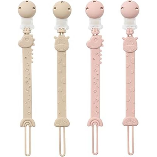Pacifier Clips for Baby Boys Girls, One-Piece Silicone Pacifier Holder Strap 4 Pack, Binky Paci Clips Animal Rainbow Design, Lightweight Break-Resistant, Dishwasher Safe-Ivory+Blush