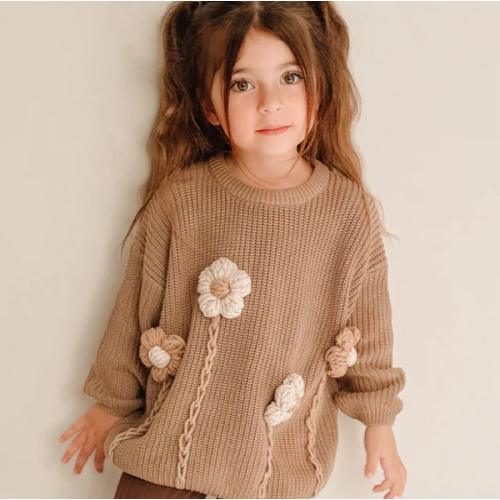 Before & Ever Handmade Flower Baby Knit Sweater, Cotton Infant Jumper - Brown