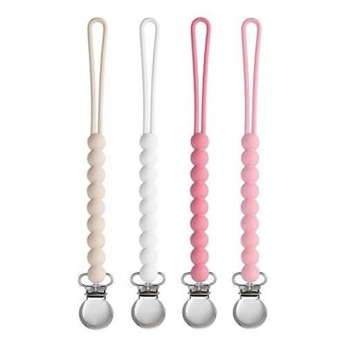 Pacifier Clip for Boys Girls - MORIBOX 4 Pack Paci Clip Soothie Baby Binky Holder for Shower Gift Birthday (Beige+White+Pink+Dpink)