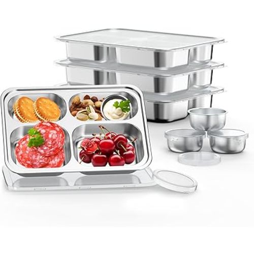 Stainless Steel Divided Plate for Kids Toddler, Non Toxic Portion Control Plate Dinner Plate with Lid for Adults Weight Loss, 4 Pack 4 Sections Rectangular Snack Plate Tray