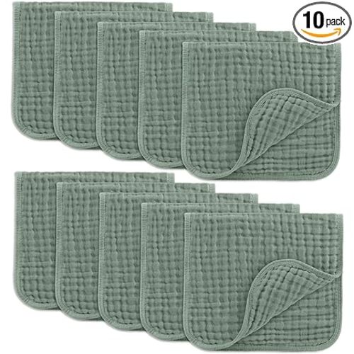 Comfy Cubs Muslin Burp Cloths 20" x 10", Pack of 10 - Large, 6-Layer, Ultra Absorbent 100% Cotton for Baby Drool and Messes - Soft, Safe & Gentle Baby Burp Cloths for Boys & Girls - Fern