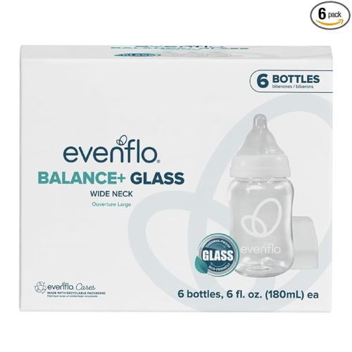 Evenflo Balance+ Glass Wide Neck Baby Bottles, Clear, 6 fl oz, 6 Pack