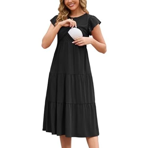 GINKANA Women Nursing Dress Flutter Sleeve Midi Dress Crew Neck Nursing Friendly Dresses Loose Flowy Maternity Beach Dress,Black,M