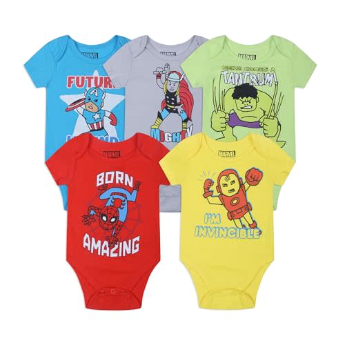 Marvel Avengers Baby Boys 5 Pack Short Sleeve Bodysuit for Newborn and Infants