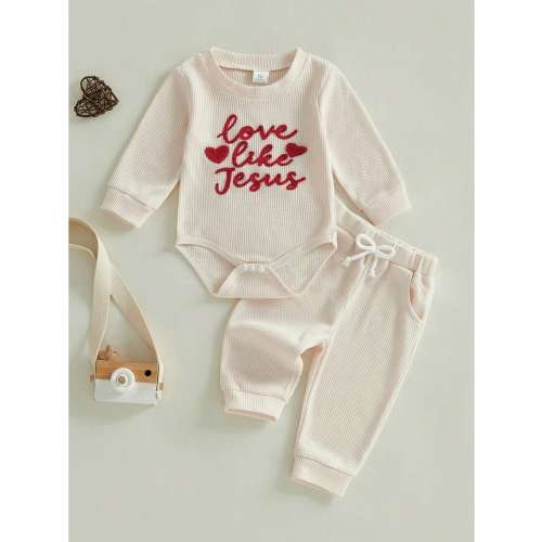 Newborn Baby Boy Girl Christian Outfit Long Sleeve Heart Letter Print Crewneck Romper Tops And Long Pants 0 3 6 12 18 Months Infant 2Pcs Fall Clothes Set