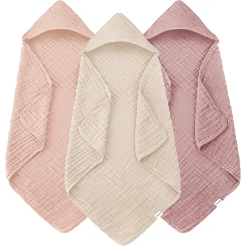 Muslin Hooded Baby Bath Towels - 3 Pack 100% Cotton Ultra-Soft Towels for Newborns, Infants, Toddlers - 32x32 Inch - Highly Absorbent, Quick-Dry Essentials for Bath Time, Beach, Pool, Neutral Series