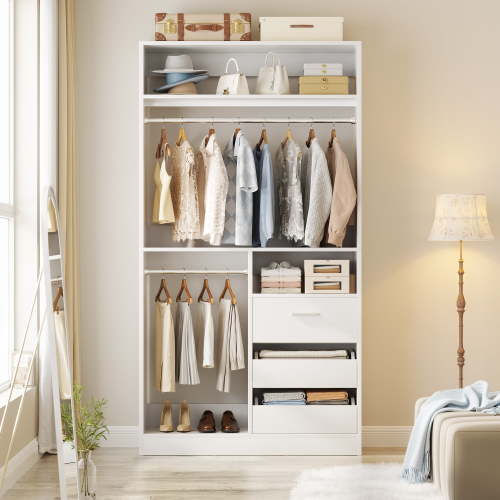 iSunirm Walk-in Closet System with 3 Wooden Drawers, 36" Standing Wardrobe Closet with 2 Hanging Rods and Shelves, Wardrobe Closet for Bedroom, Living Room, 36"L x 80"H x 16"W, White