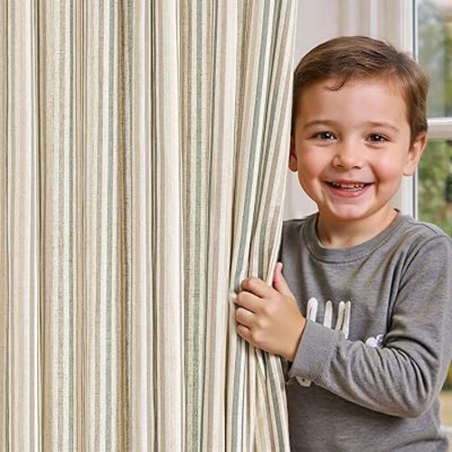 jinchan Colorful Linen Curtains for Nursery Living Room Multi Green on Beige Striped Curtains for Bedroom Cute Ticking Stripe Farmhouse Baby Boys Kids Room Light Filtering Grommet 2 Panels 84 inch