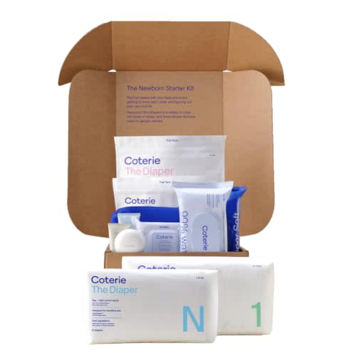 Coterie Newborn Starter Kit | Diapers (NB-3), Wipes & Skincare Gift Set | Hypoallergenic & TCF diapers, 100% plant-derived fibers & eczema-safe skincare, EWG verified, 9-Piece Baby Registry Kit