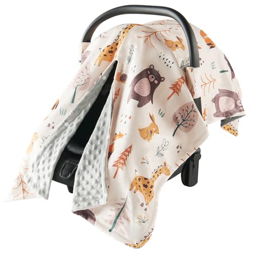 Infant Car Seat Cover Winter Minky - Baby Car Seat Canopy with Snap Peekaboo Opening, Multi-Use as Stroller Cover, Nursing Cover and Baby Blanket for Boys Girls (Beige)