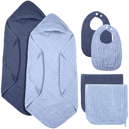 Hahafelt 6 Pcs Muslin Hooded Bath Towels Washcloths and Bibs Set, Muslin Cotton Baby Towels Absorbent Hooded Blanket Towel Infant Bibs for Boys Girls Newborn Infant Essential(Dark Blue, Light Blue)