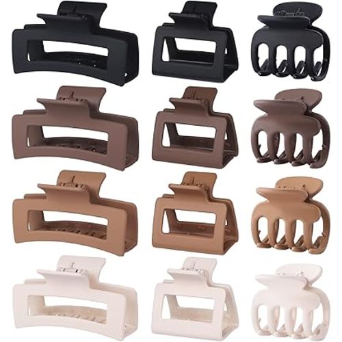 12 Pcs Hair Clips for Women 3 Styles Small Medium Large Claw Clips for Thin Thick Curly Hair, Strong Hold & Non-Slip Clips, Stylish Matte Plastic Hair Accessories Ideal Gifts for Women (Brown)