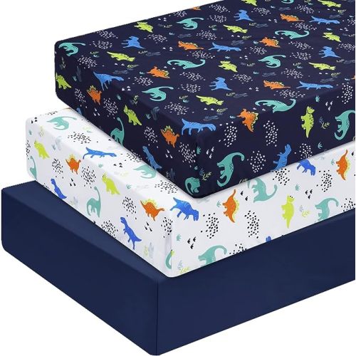 PHF 3 Pack Soft Dinosaur Crib Sheets Fitted, Comfy Breathable Baby Sheets for Boys Girls, 28x52 Inches Fits Standard Crib and Toddler Mattresses, Navy Dinosaur