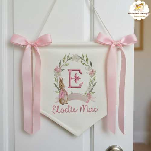 Embroidered Easter Bunny Pink Bow Banner, Cute Easter Rabbit with Blooming Flowers Banner, Hospital Door Sign With Bows, Baby Shower Gifts