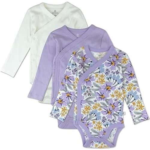 HonestBaby Baby 3-pack Long Sleeve Side-snap Kimono Bodysuits Organic Cotton for Infant Baby Boys, Girls, Unisex