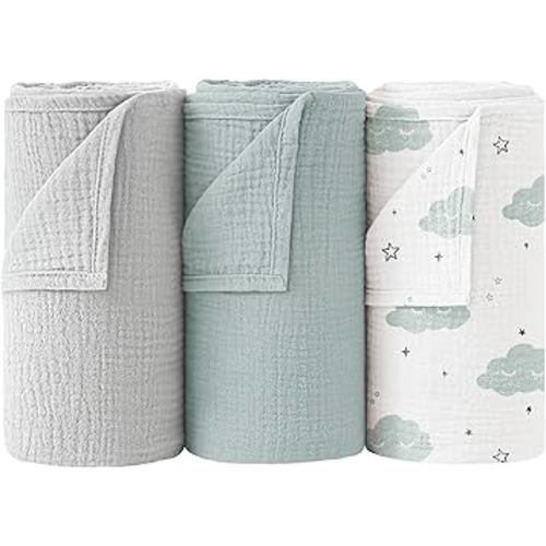 Bearmoss Muslin Swaddle Blankets, 40 x 38 inches Baby Swaddle for Boys and Girls, Soft Baby Blanket, 3 Pack Breathable Nursery Receiving Blankets (Cloud)