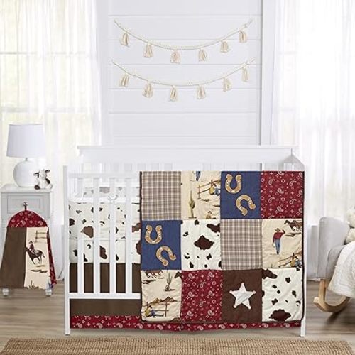 Sweet Jojo Designs Tan Brown Western Cowboy Boy Girl Gender Neutral Baby Crib Bedding Set Infant Nursery Room BreathableBaby Breathable Mesh Crib Liner Blanket Fitted Sheet Skirt 6p Red Wild West Cow