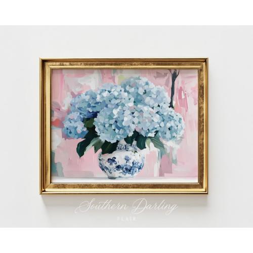 Blue Hydrangeas in Vase, Pastel Abstract Art Print, Southern Vibes, Grandmillenial Style, Pastel Pink Home Decor, Printable Digital Download