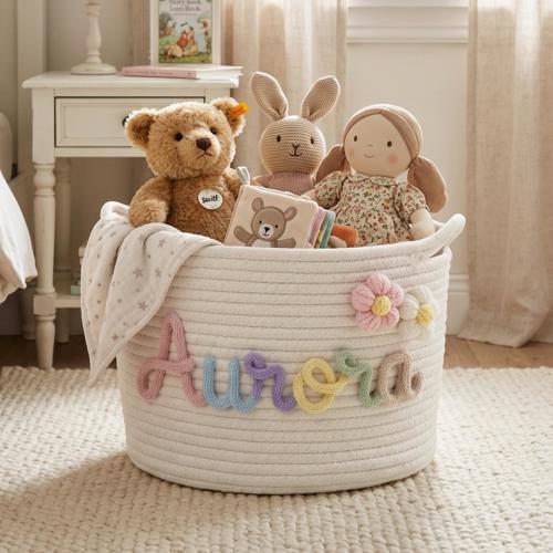 Personalized Handmade Basket, Baby Shower Gift, Toy Organizer, Cotton Knitted Nursery Storage Basket