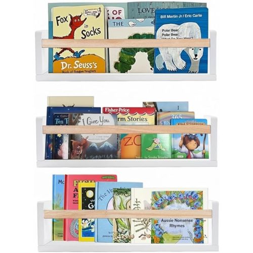 AZSKY 16 Inch Nursery Floating Shelves Set of 3, White Wood Kids Wall Bookshelves & Book Organizer Ledge for Baby Room Decor, Display Toys, Picture Frames