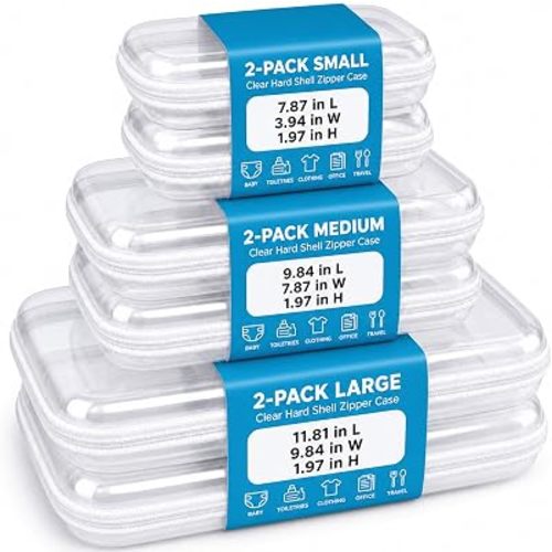 6 Pack Clear Hard Shell Zipper Case Set (2 Large/2 Medium/2 Small),Clear Hard Plastic Zipper Pouches, Transparent Stackable Storage Case for Crafts, Toys, Cosmetics Toiletry Bag for Travel