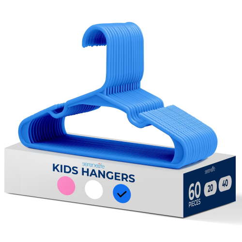 60 Pcs. Non-Slip Plastic Kids Hangers - Durable and Space-Saving Closet Organizers for Infants, Toddlers, and Kids' Clothing (Blue)