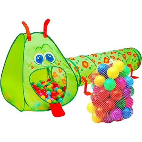 Kiddey Caterpillar Kids Play Tunnel and Tent with 50 Balls 2 Pc. Crawl Through Baby Ball Pit Pop up for Toddler and Babies, Indoor & Outdoor Jungle Gym Party Gift | Crawling Tunnels & Tents