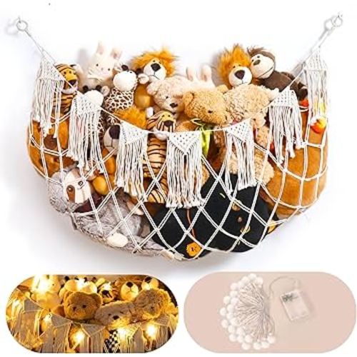 Stuffed Animal Storage Hammock with Lights- Boho Wall Hanging Plushie Net for Stuff Aanimal Organizer and Teddy Bear Storage, Small Toy Hammock for Kids Bedrooms Playroom Nursery(White Small)