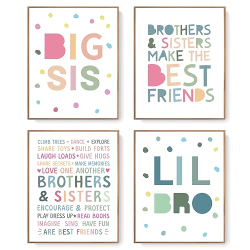 LARTSFRO Brother and Sister Make The Best Friends Wall Art Decor Posters, Baby Boys Gril Nursery Room Playroom Bedroom Bathroom Wall Art Decor, Inspirational Decor for Big Sister Little Brother Nursery Toddler Baby, Gifts for Kids 10x8 Inch Set of 4 Pc...