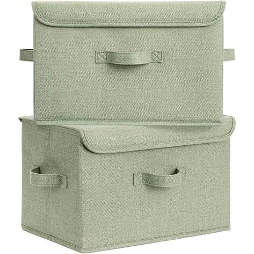 Storage Bins with Lids, Decorative Storage Boxes, Clothes Stoarge Bins, Shelf Baskets, Closet Storage Bins for Clothing, Collapsible Storage and Organization, Sage Green, Large, 2-Pack