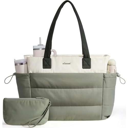 LOVEVOOK Tote Bag for Women with Giant Tumbler Holder Pocket, Puffer Work Travel Laptop Handbag with Zipper for Nurse Teacher