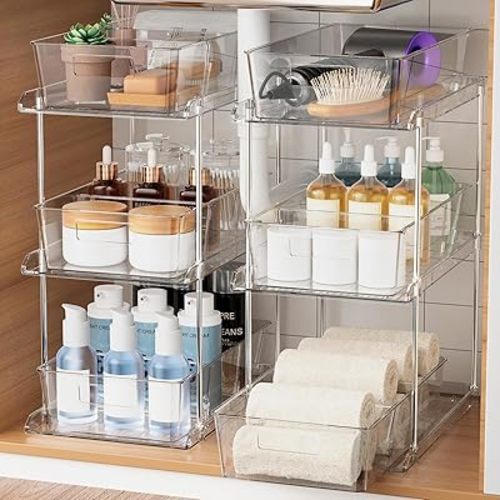 Pull-Out Home Organizer, 3 Pack 2 Tier Clear Bathroom Organizer with Dividers, Multipurpose Vanity Counter Tray, Kitchen, Closet Organizers, Cabinet & Storage Container Bins