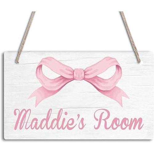 Personalized Pink Bow Kids Room Door Sign Custom Name Boys Girls Bedroom Decor Toddler Baby Nursery Wood Art Wall Plaque 12x6 Inches