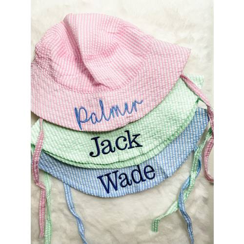 Embroidered Swim Hat with Name | Kids Sun Hat | Baby Swim Hat | Pink Stripe Seersucker Pool Hat | Floppy Beach Hat Personalized