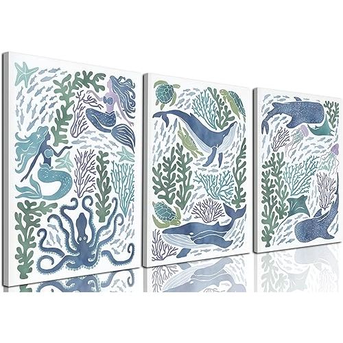 Ocean Nursery Wall Art Set of 3, Sea Animal Kids Coastal Wall Decor Mermaid Whale Octopus Poster Canvas Painting Prints Artwork for Bedroom Living Room 12x16 inch Framed