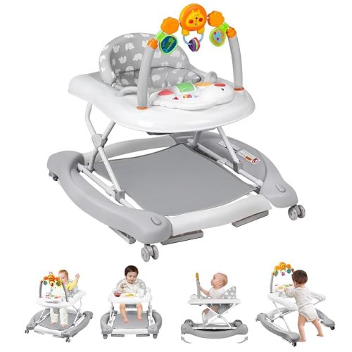 Baby Walker, 5 in 1 Baby Walkers for Boys Girls 6-12 Months, Foldable Walkers for Babies with Bouncer & Feeding Tray, Music, Adjustable Heights, Activity Walker for Infant
