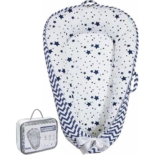 Baby Lounger | Organic Cotton Infant Lounger| Reversible, Adjustable & Portable Floor Lounger |Supervised Use | Soft, Breathable, Washable Cover - Star Collection (Blue)