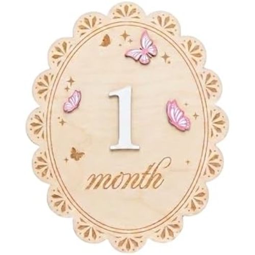 Baby Monthly Milestone Sign Wooden, 1-12 Month Baby Girl Photo Prop, Engraved Milestone Board with 3D Butterfly Design, Newborn Photoshoot Props Double-Sided, Baby Photoshoot Prop Gift (QR1)