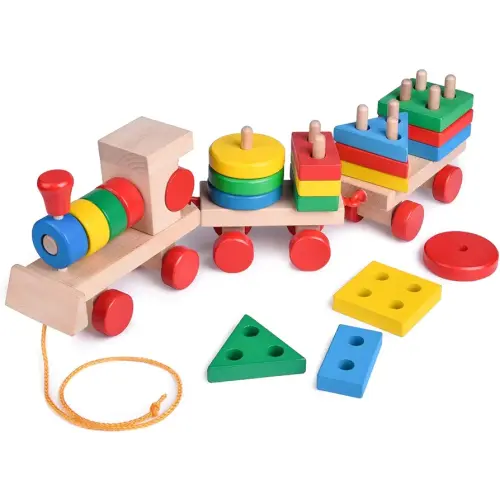 FUN LITTLE TOYS Stacking Train, Shape Sorter Wooden Toys(23 pcs), Sorting & Stacking Toys for Toddler 2-3, Montessori Toys for 1 2 3 Year Old Boy Girl Gifts, Kids Wooden Train Toy