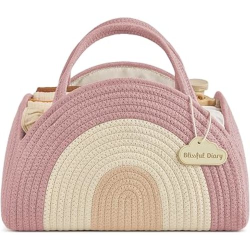 Blissful Diary Baby Diaper Caddy Organizer, Cotton Rope Diaper Caddy Basket, Large Storage Basket for Newborn Boys and Girls, Gift for Baby Shower List, Newborn Essentials, Blush Rainbow