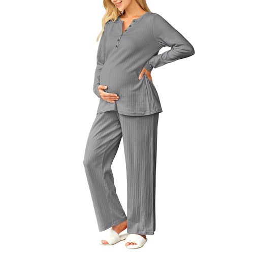 OUGES 100% Cotton Womens Maternity Nursing Pajamas Sets 2 Piece Pregnancy Delivery Postpartum Lounge Pjs with Pockets