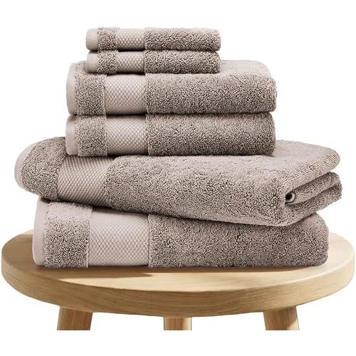 BIOWEAVES 100% Organic Cotton 700 GSM Plush 6-Piece Premium Towel Set GOTS Certified, 2 Bath Towels, 2 Hand Towels & 2 Washcloths - Taupe