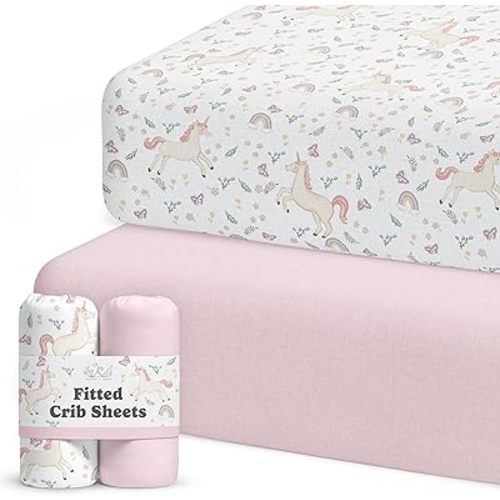 Sorrel + Fern Crib Sheets Neutral - Fitted Baby Crib Sheets Bed for Girl Boy - 2 Pack Standard & Toddler Mattress (Unicorn Blossom) - Buttery Soft Organic Cotton Blend