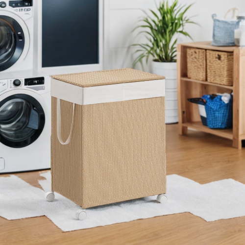 LEDREM 2-Section Rolling Laundry Hamper with Lid, 100L Capacity, Wheels & Removable Liner, Rattan Design, Natural Beige and Matte White