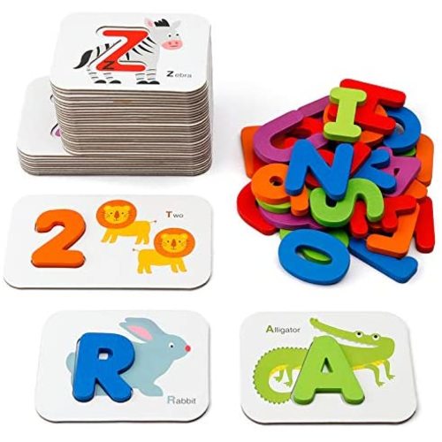 Coogam Numbers and Alphabets Flash Cards Set - ABC Wooden Letters and Numbers Animal Card Board Matching Puzzle Game Montessori Educational Toys Gift for Toddlers Age 2 3 4 5 Preschool and Up Years