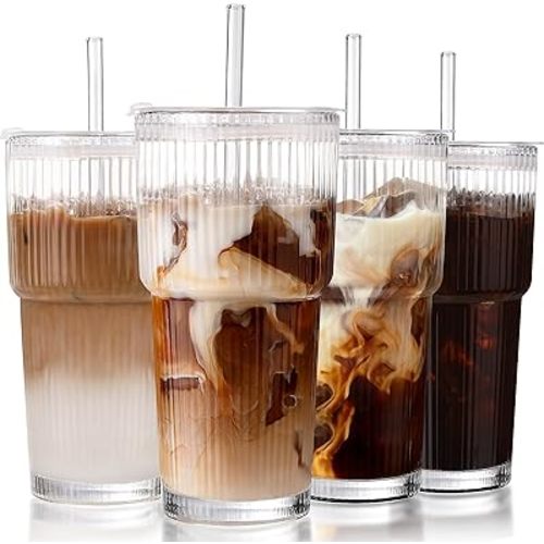 Iced Coffee Cups with Lids: Coffee Bar Accessories - Ribbed Glass Tumbler with Straw and Lid 4Pcs - 20oz Leak Proof Tumbler - Reusable Glass Cups and Tumblers with Lid and Straws for To Go Iced Coffee