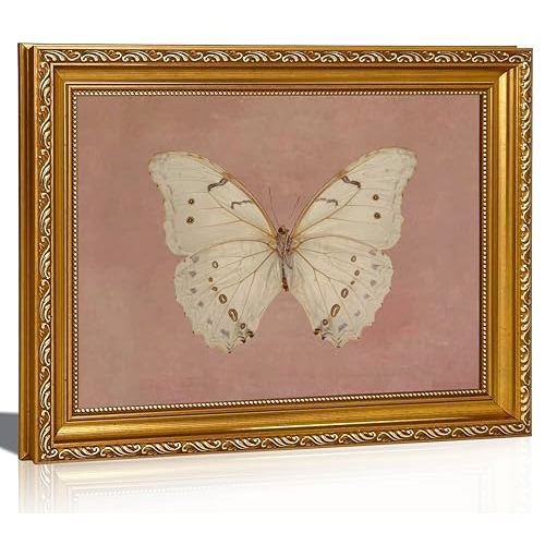 FKRYTYB Elegant Gold Framed Pink Moody Butterfly Wall Art 11x9in | Neutral Moody Insect, Antique Moth Picture, Rustic Farmhouse Style for Living Room Bedroom Dorm Office