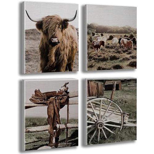 Vintage Farm Cow Farmhouse Decor Cow Prints Canvas Wall Art Prints Pictures Wall Decor for Home Bedroom Kitchen Bathroom Rustic Western Country Birthday Housewarming Gifts 4PCS,Framed,8x10IN