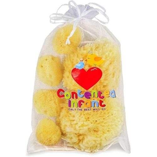 Real Sea Sponges for Babies - 6 Pk Bath Care Set, Gentle, Kind on Skin, for Bathing Washing Body Eyes, Ears Nose, Also for Newborn Toddler Kids; Baby Shower Spa Gift by Contented Infant®