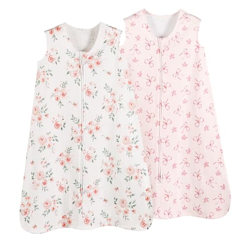 david's kids 100% Organic Cotton Baby Wearable Blankets 0-6 Months, Soft Baby Wearable Blankets with 2-Way Zipper, 2 Pack Comfy Sleeping Bags for Infant Newborn Boys Girls, Small Size, Pink Floral